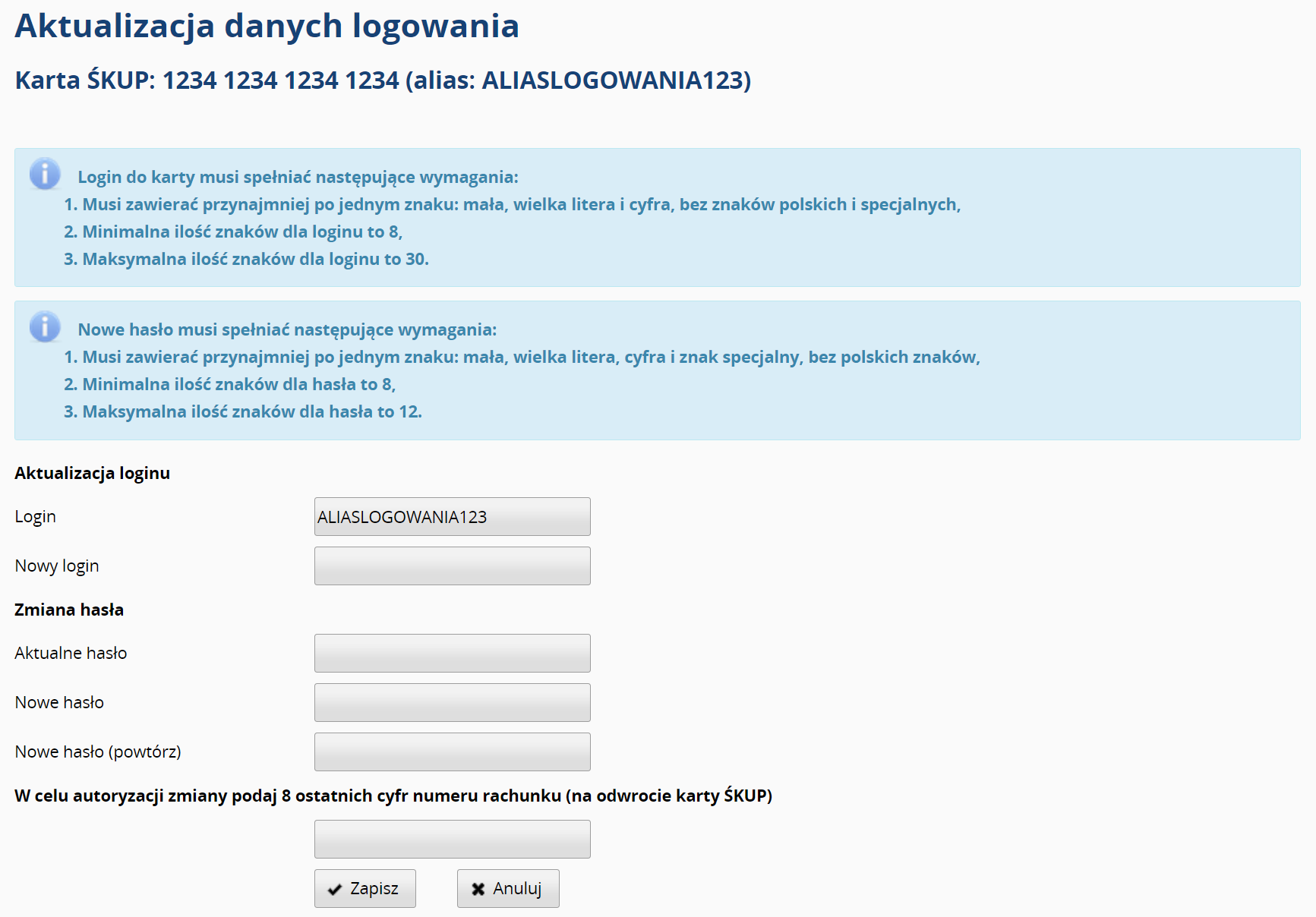 Aktualizacja danych logowania: login karty i hasło