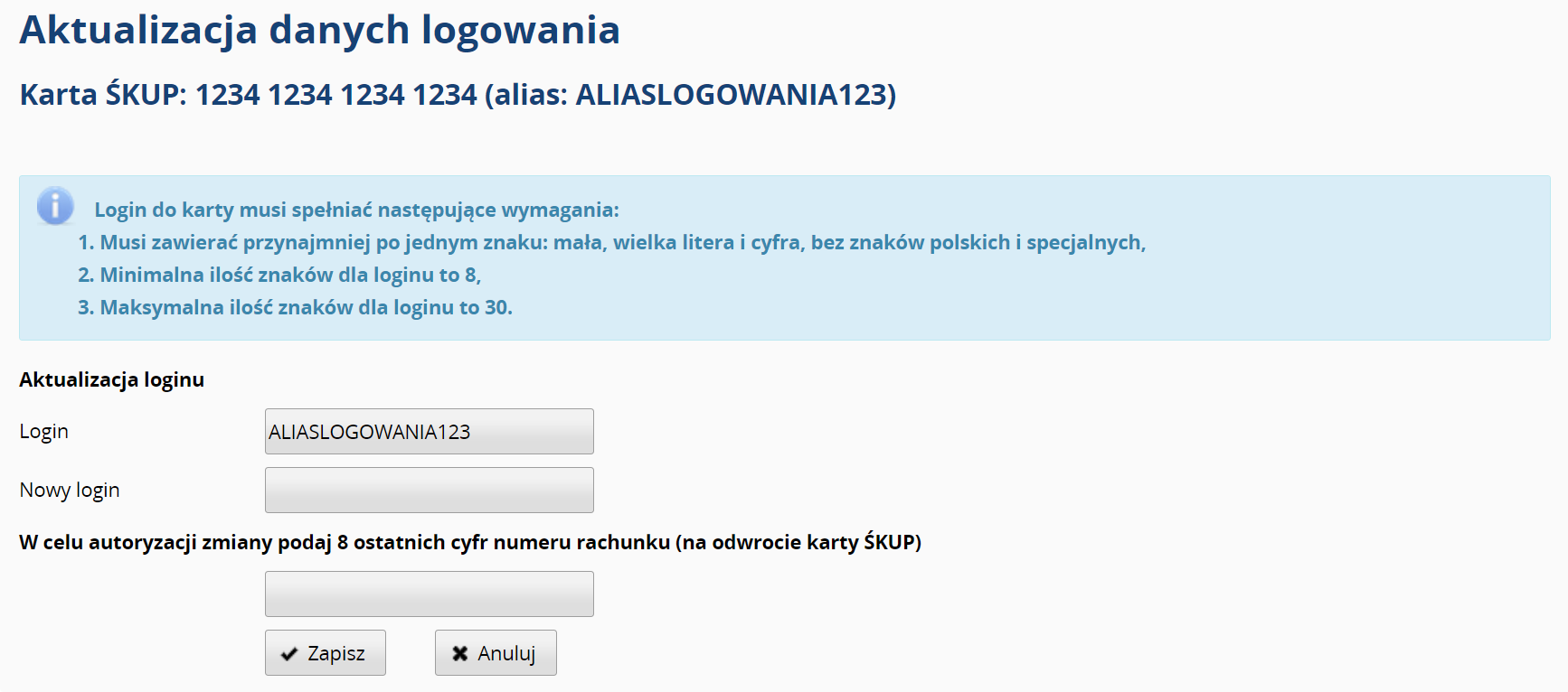 Aktualizacja danych logowania: login karty