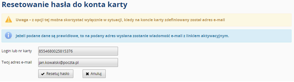 Resetowanie hasła do konta – wprowadzenie danych