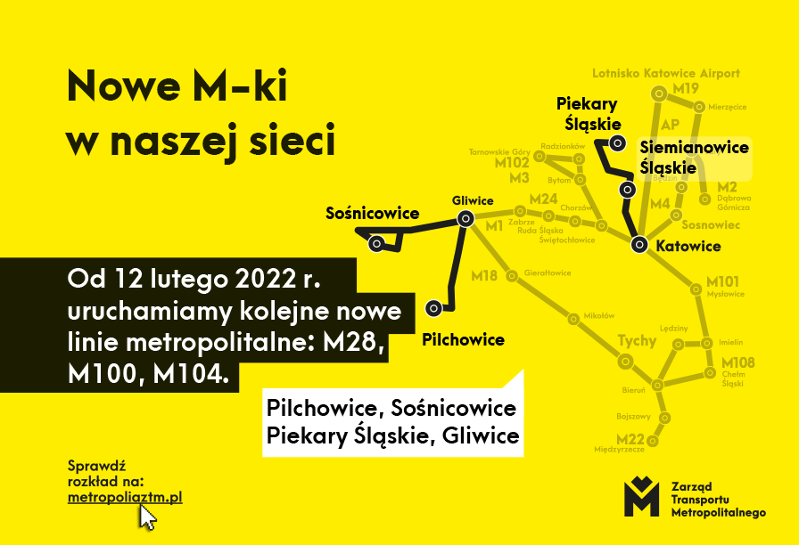 Grafika artykułu: W sobotę ruszają kolejne linie metropolitalne. Nowe połączenia m.in.  w Gliwicach, Piekarach Śląskich, Pilchowicach i Sośnicowicach